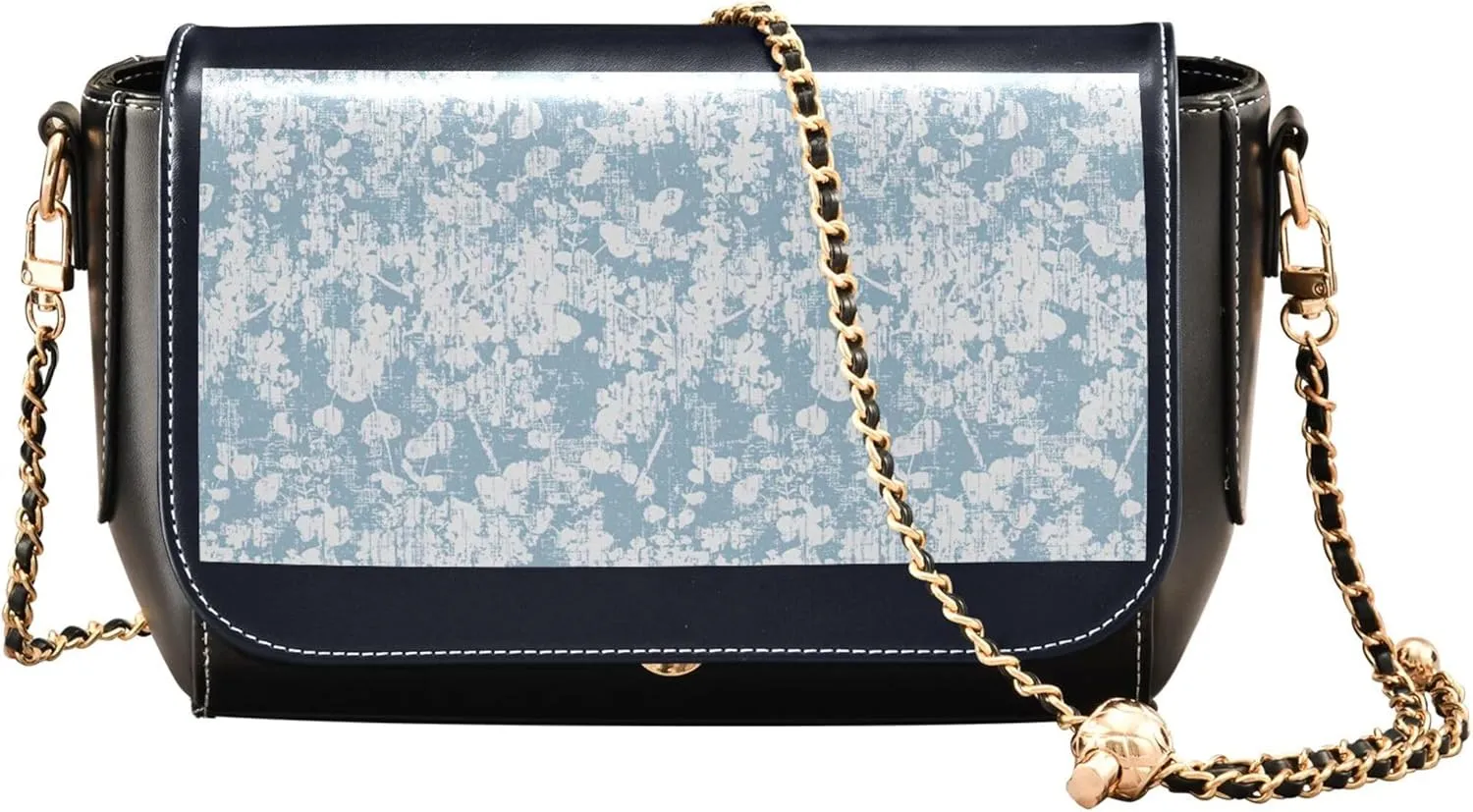 Fashion Shoulder Leather Bags, Blue Floral Design Crossbody Purses for Women Tote Satchel with Chain Strap
