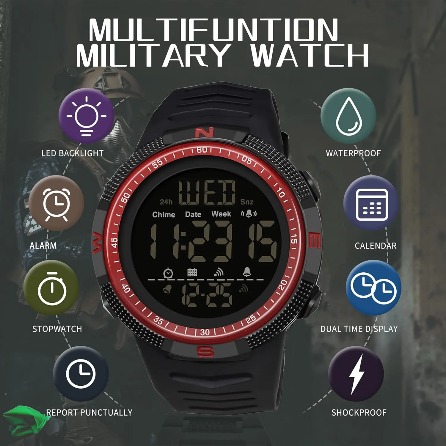 findtime Mens Digital Sports Watch Dual Time Countdown Waterproof Stopwatch LED Screen Military Wrist Watches for Men