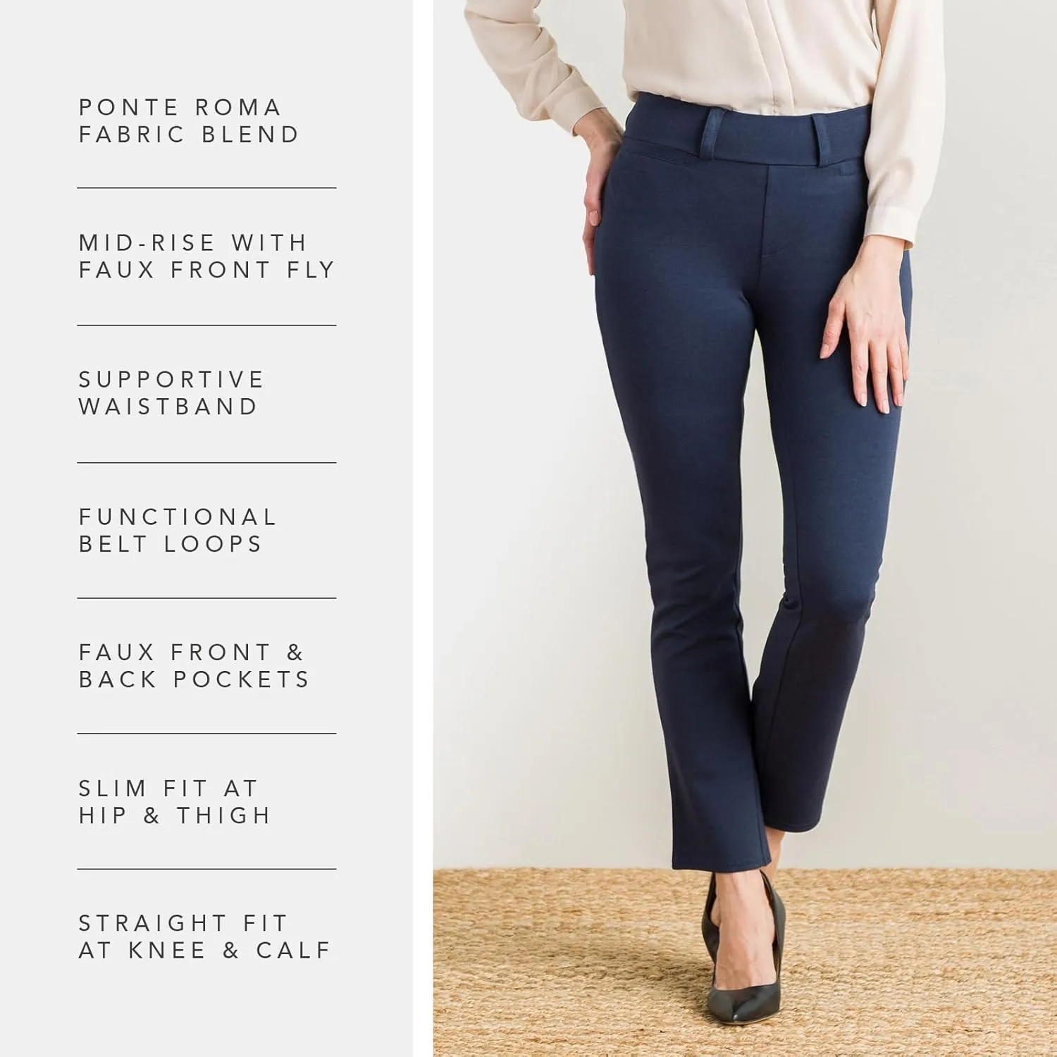 Fishers Finery Women's Ecofabric Ponte Stretch Slim Straight Leg Dress Pant - Pull On New and Improved Fit