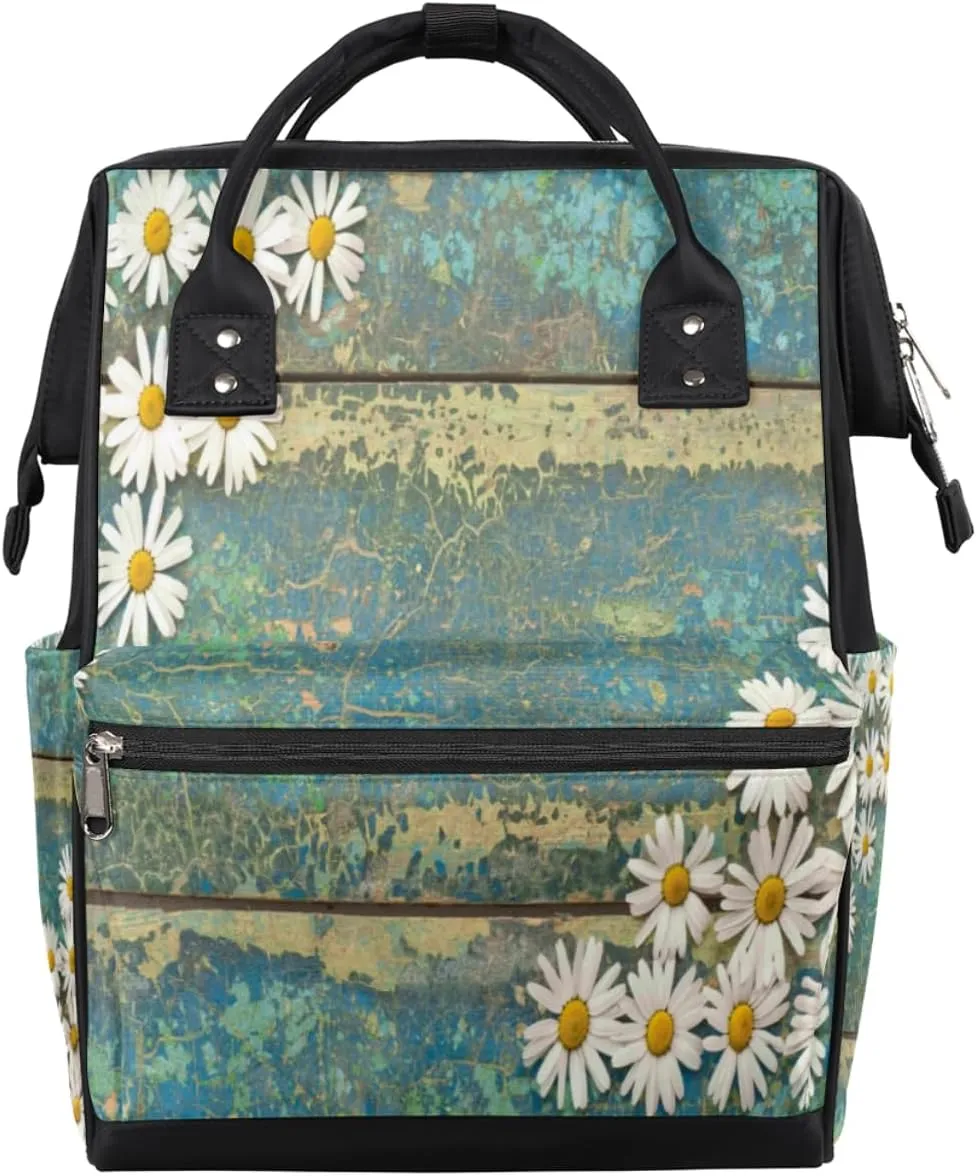 Flowers Daisy Wooden Background Diaper Bag Tote Large Capacity Waterproof with Adjustable Shoulder Strap and Pram Straps Mommy Bag for Hospital Beach Weekender Travel