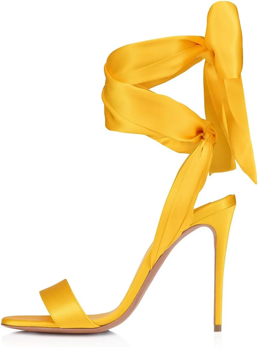 FSJ Women Open Toe Stiletto High Heel Sandals Lace-up Cute Satin Bowknot Heeled Sandals Sexy Strappy Summer Wedding Party Dress Shoes Size 4-16 US
