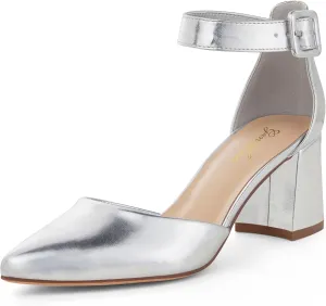 GENSHUO Women's Closed Toe Low Block Chunky Heels Pointed Toe 2 Inch Pumps with Ankle Strap Comfortable Dress Shoes for Daily Work Wedding Party