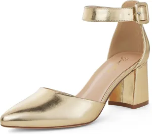 GENSHUO Women's Closed Toe Low Block Chunky Heels Pointed Toe 2 Inch Pumps with Ankle Strap Comfortable Dress Shoes for Daily Work Wedding Party