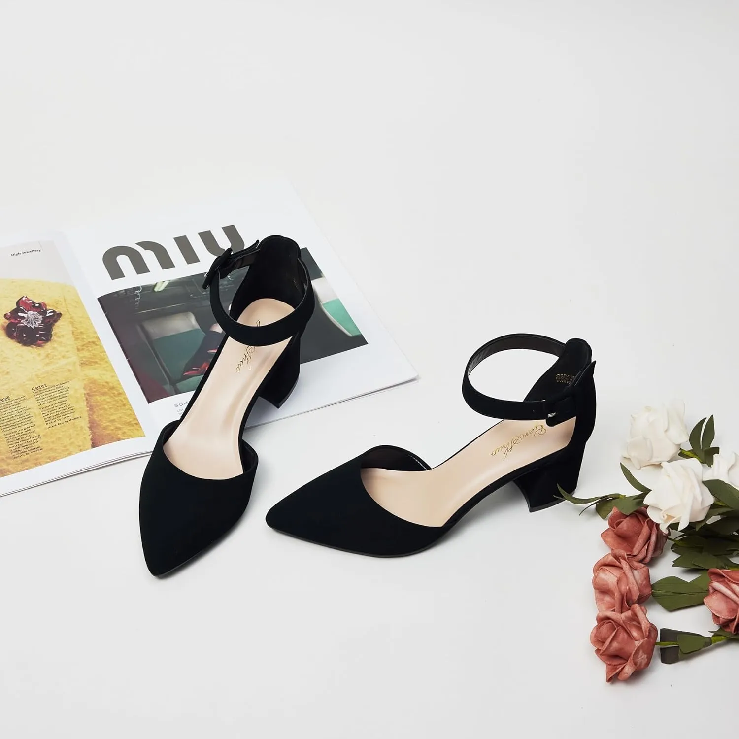 GENSHUO Women's Closed Toe Low Block Chunky Heels Pointed Toe 2 Inch Pumps with Ankle Strap Comfortable Dress Shoes for Daily Work Wedding Party