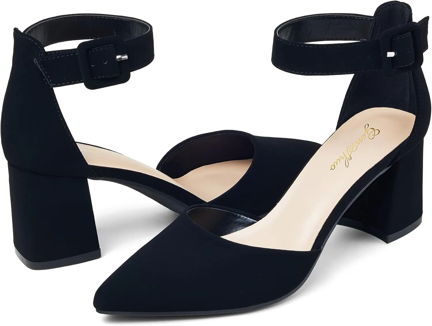 GENSHUO Women's Closed Toe Low Block Chunky Heels Pointed Toe 2 Inch Pumps with Ankle Strap Comfortable Dress Shoes for Daily Work Wedding Party