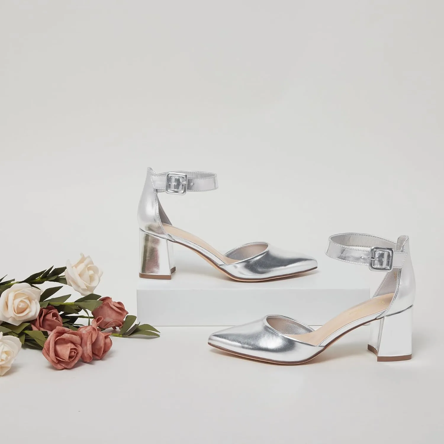 GENSHUO Women's Closed Toe Low Block Chunky Heels Pointed Toe 2 Inch Pumps with Ankle Strap Comfortable Dress Shoes for Daily Work Wedding Party