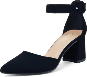 GENSHUO Women's Closed Toe Low Block Chunky Heels Pointed Toe 2 Inch Pumps with Ankle Strap Comfortable Dress Shoes for Daily Work Wedding Party