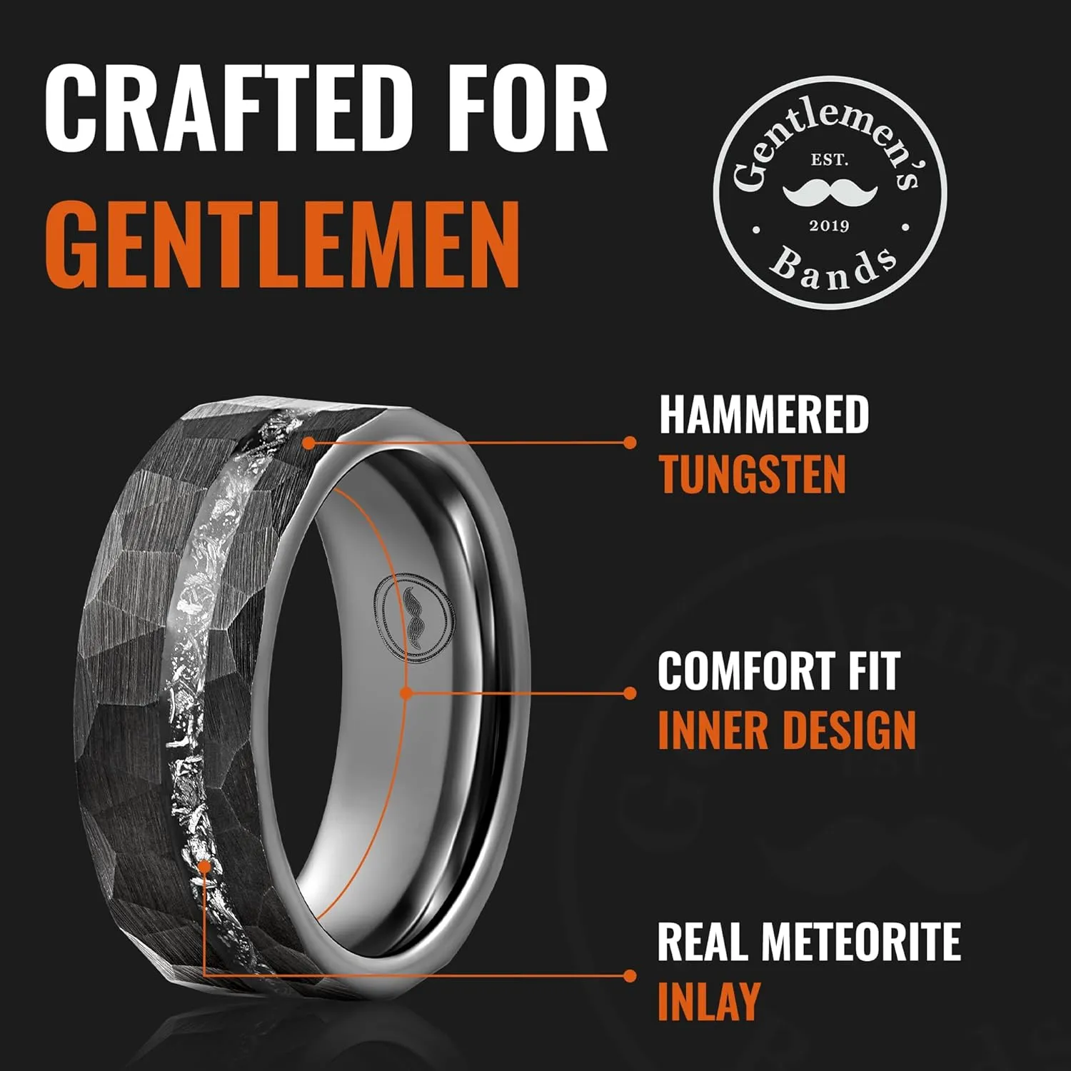 Gentlemen's Bands Black Tungsten Men's Wedding Band with Hammered Design & Real Meteorite Inlay-8mm | Black Engagement/Wedding Ring for Men | Includes Silicone Band, Leather Pouch & Luxury Walnut Box