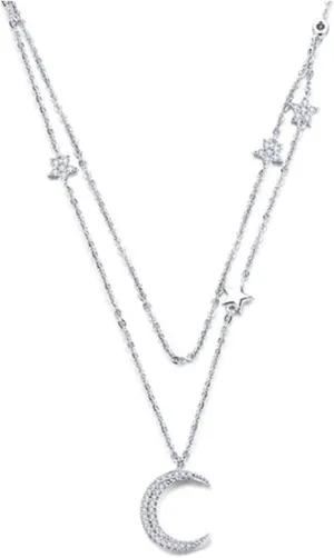 Genuine 925 Sterling Silver Moon Tar Double Layers Chain Pendants Necklaces for Women Sterling Silver Jewelry