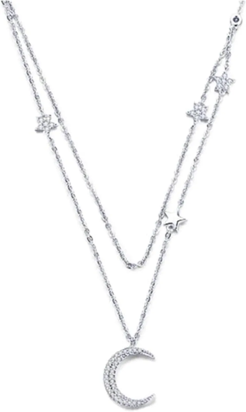 Genuine 925 Sterling Silver Moon Tar Double Layers Chain Pendants Necklaces for Women Sterling Silver Jewelry