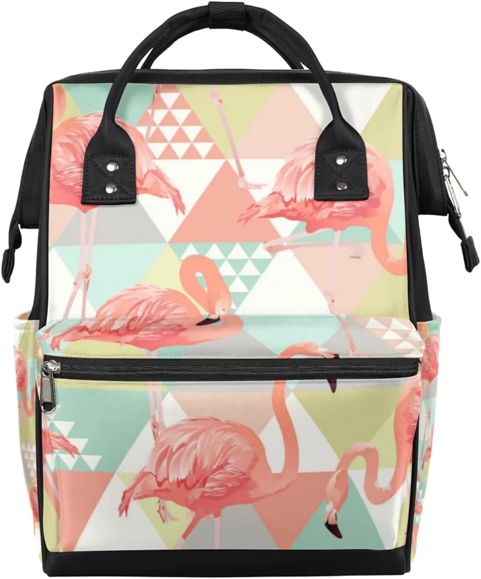 Geometric Flamingo Diaper Bag Tote Large Capacity Waterproof with Adjustable Shoulder Strap and Pram Straps Mommy Bag for Hospital Beach Weekender Travel