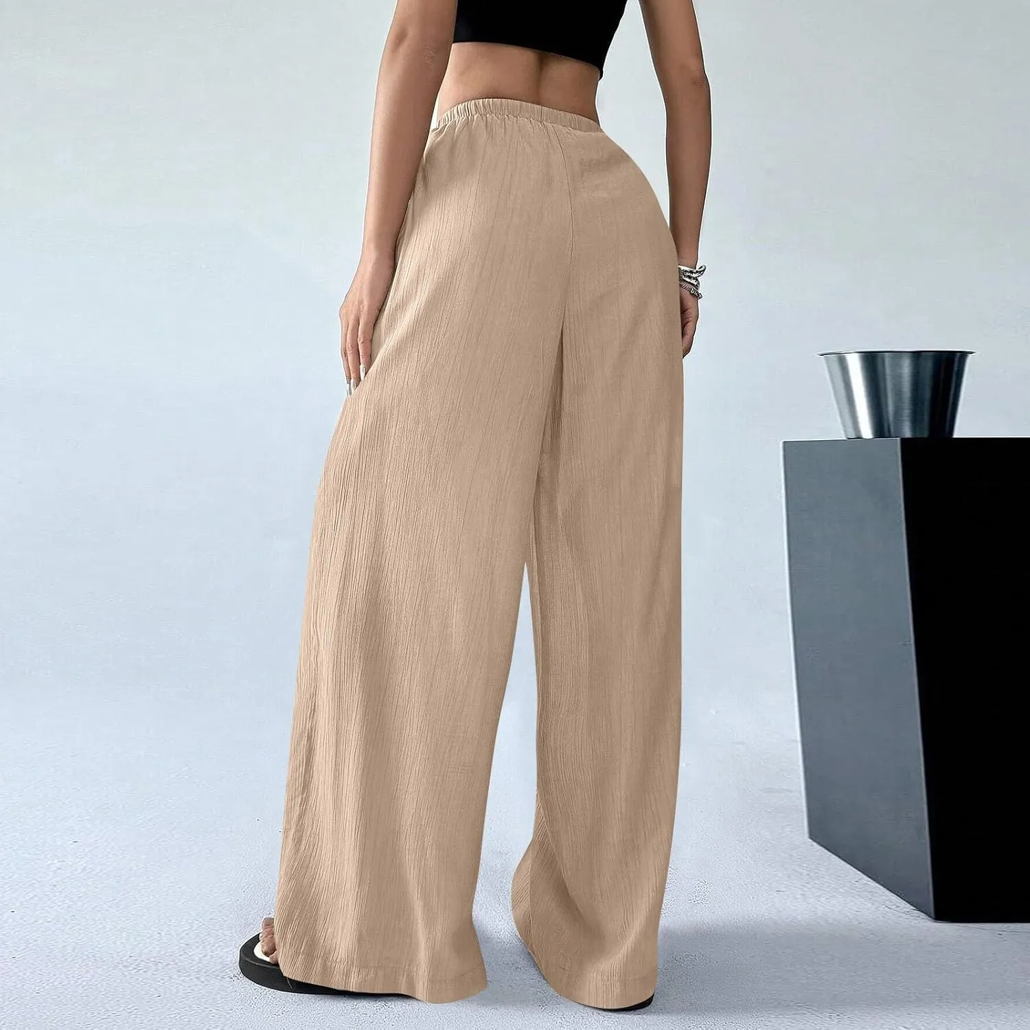 GOFULY Dress Pants Women Straight Wide Leg High Waisted Sumemr Pants Elastic Waist Drawstring Elegant Trousers with Pockets