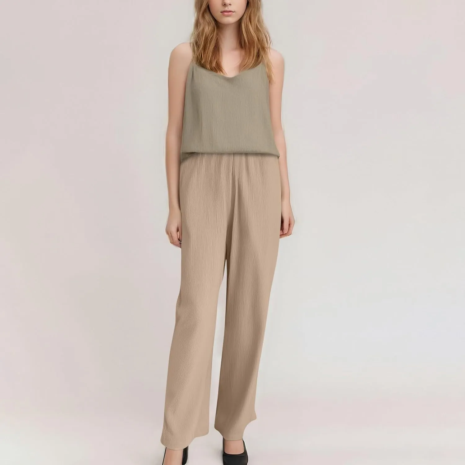 GOFULY Dress Pants Women Straight Wide Leg High Waisted Sumemr Pants Elastic Waist Drawstring Elegant Trousers with Pockets