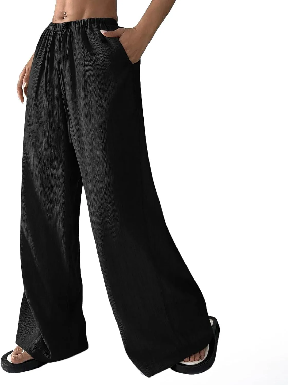 GOFULY Dress Pants Women Straight Wide Leg High Waisted Sumemr Pants Elastic Waist Drawstring Elegant Trousers with Pockets