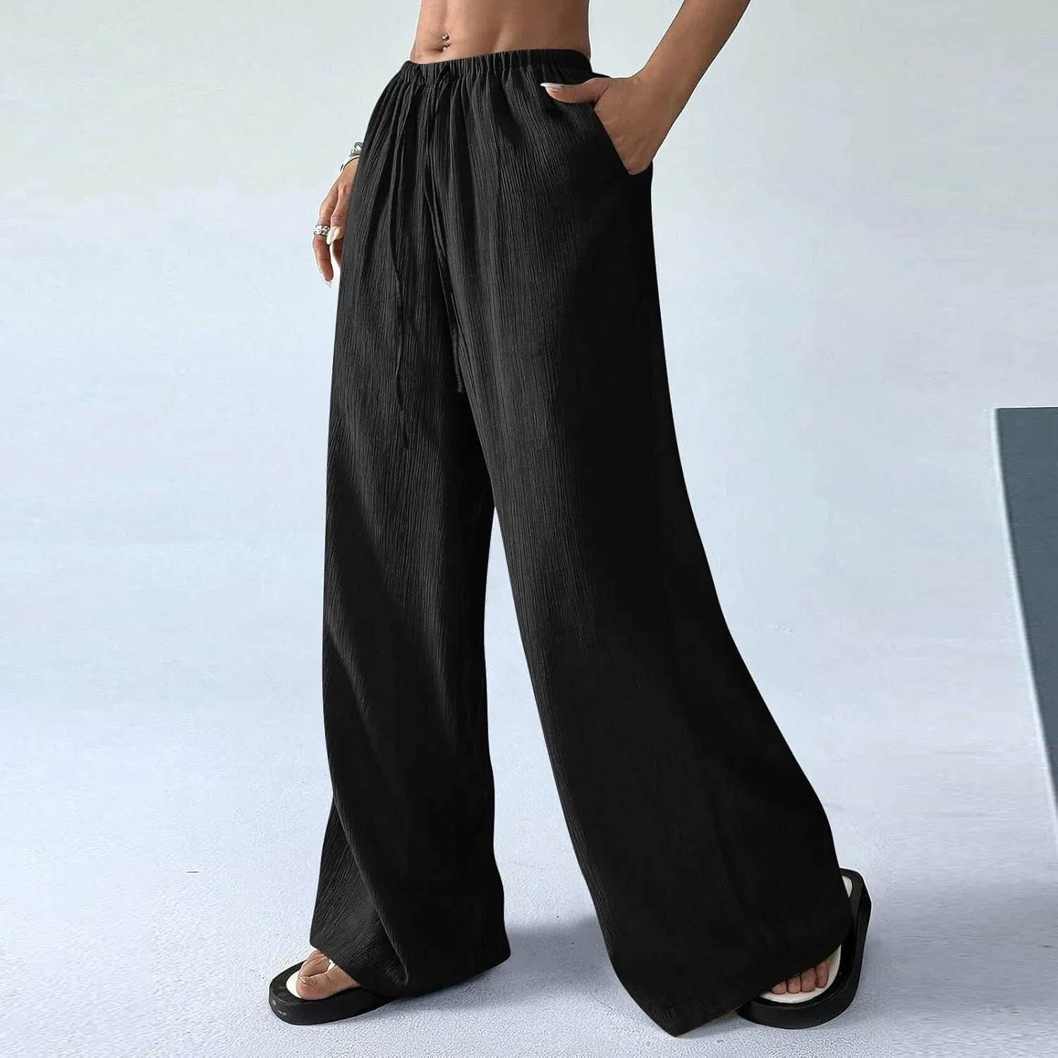 GOFULY Dress Pants Women Straight Wide Leg High Waisted Sumemr Pants Elastic Waist Drawstring Elegant Trousers with Pockets