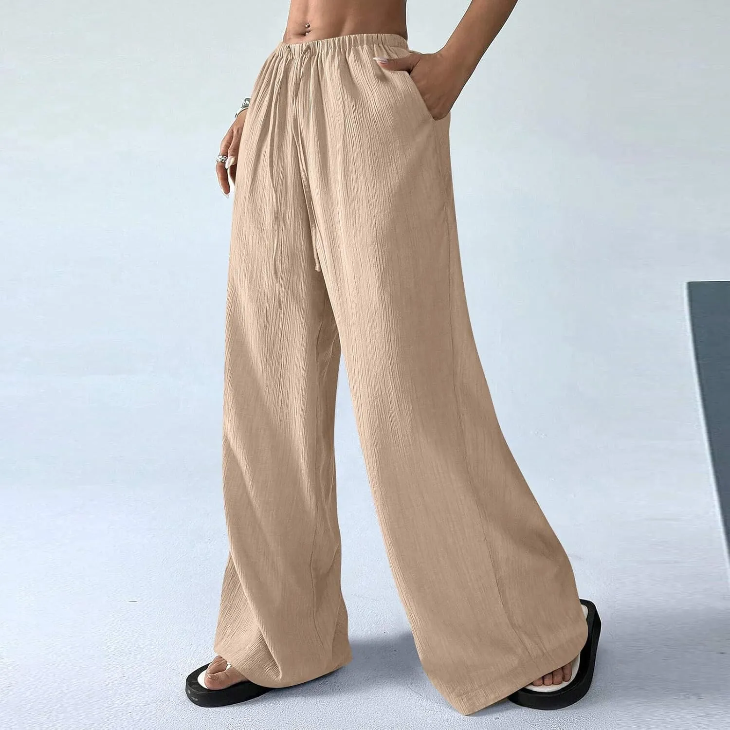 GOFULY Dress Pants Women Straight Wide Leg High Waisted Sumemr Pants Elastic Waist Drawstring Elegant Trousers with Pockets