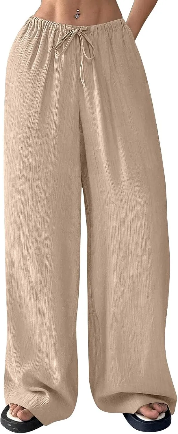 GOFULY Dress Pants Women Straight Wide Leg High Waisted Sumemr Pants Elastic Waist Drawstring Elegant Trousers with Pockets