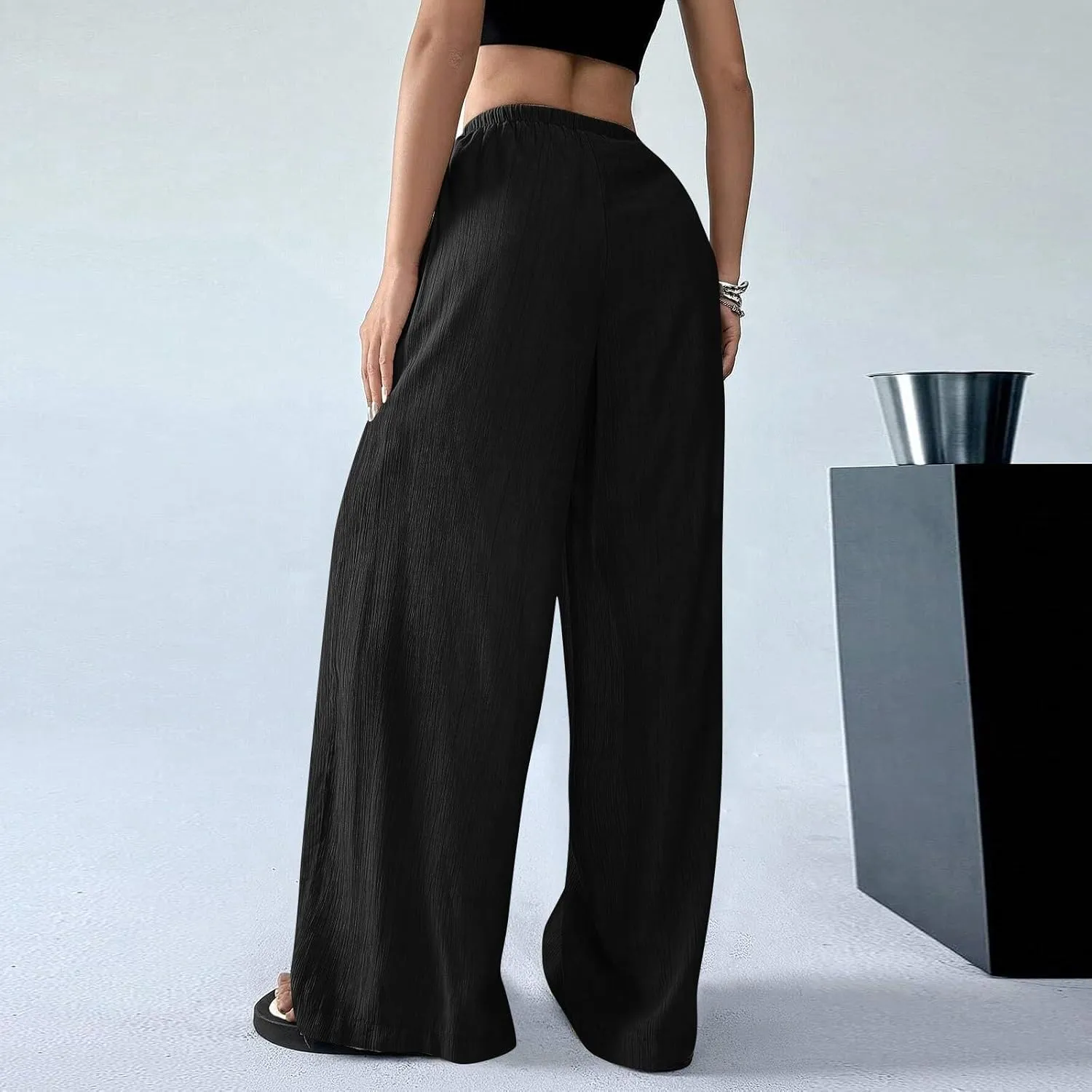 GOFULY Dress Pants Women Straight Wide Leg High Waisted Sumemr Pants Elastic Waist Drawstring Elegant Trousers with Pockets