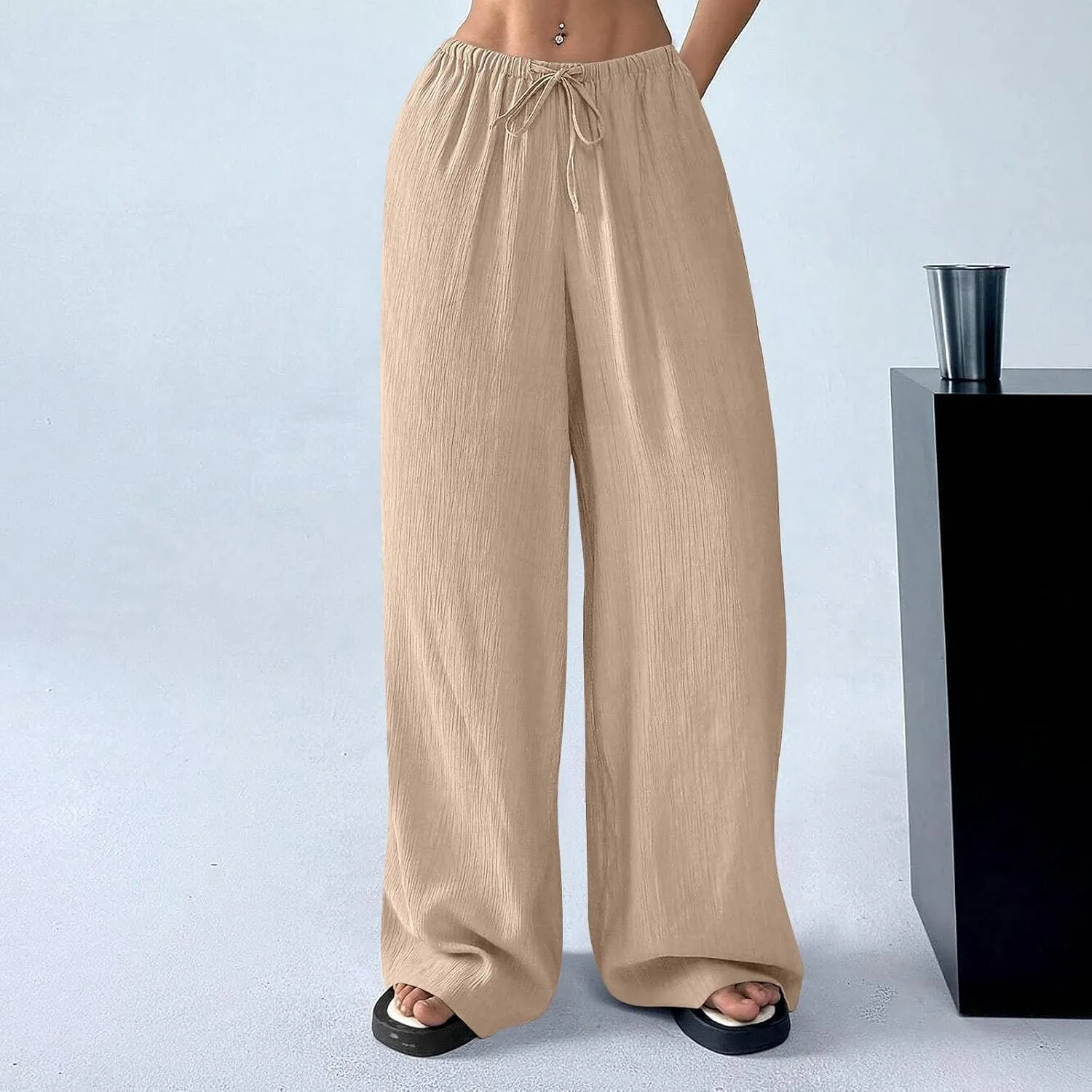 GOFULY Dress Pants Women Straight Wide Leg High Waisted Sumemr Pants Elastic Waist Drawstring Elegant Trousers with Pockets
