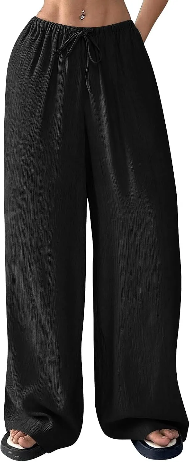 GOFULY Dress Pants Women Straight Wide Leg High Waisted Sumemr Pants Elastic Waist Drawstring Elegant Trousers with Pockets