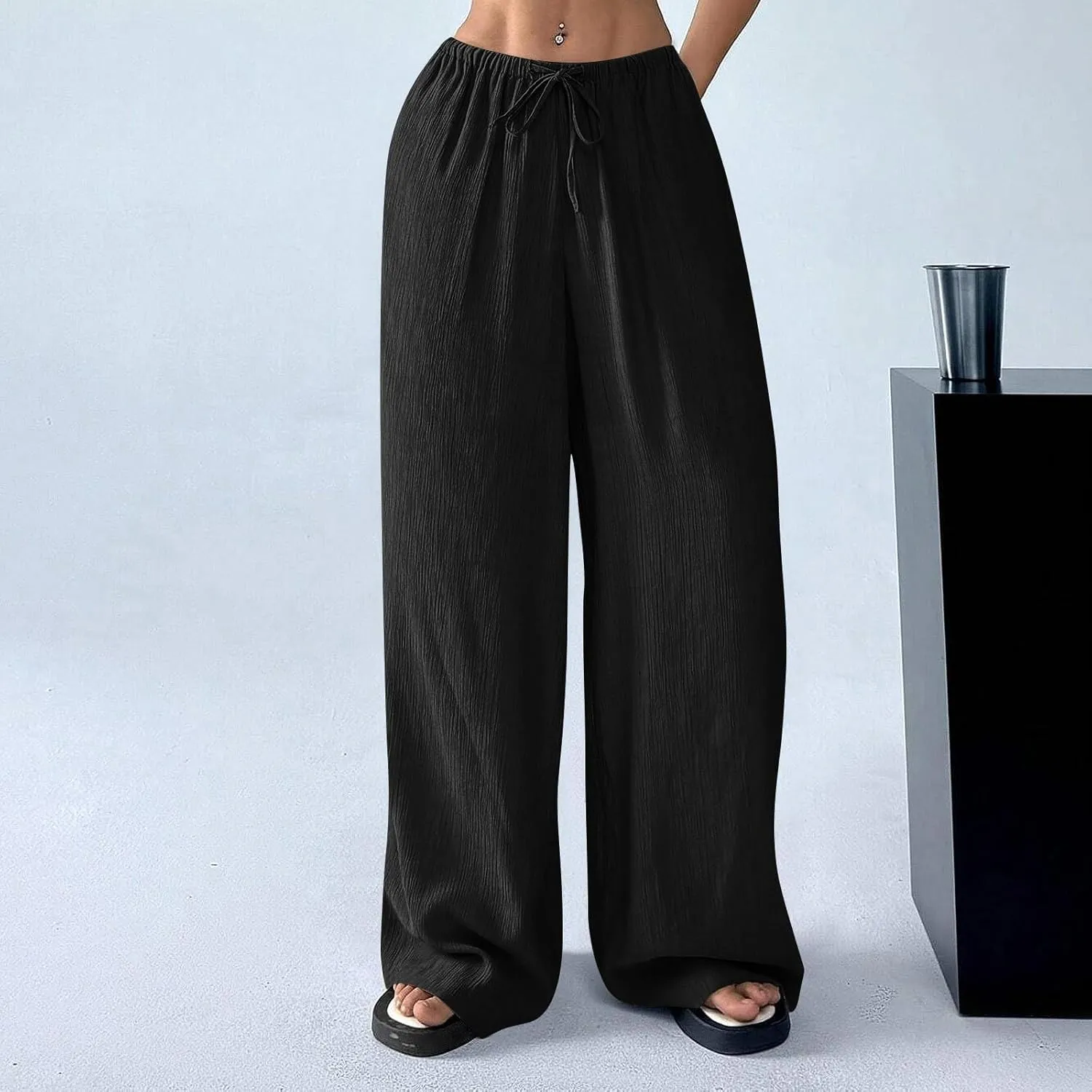 GOFULY Dress Pants Women Straight Wide Leg High Waisted Sumemr Pants Elastic Waist Drawstring Elegant Trousers with Pockets