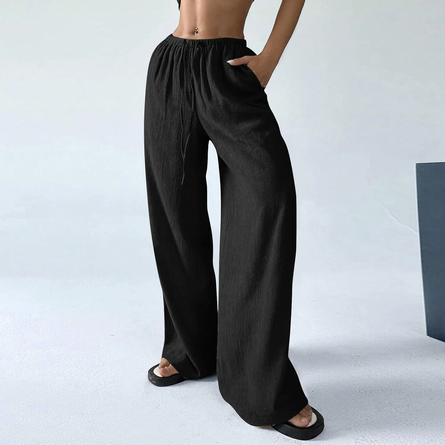 GOFULY Dress Pants Women Straight Wide Leg High Waisted Sumemr Pants Elastic Waist Drawstring Elegant Trousers with Pockets