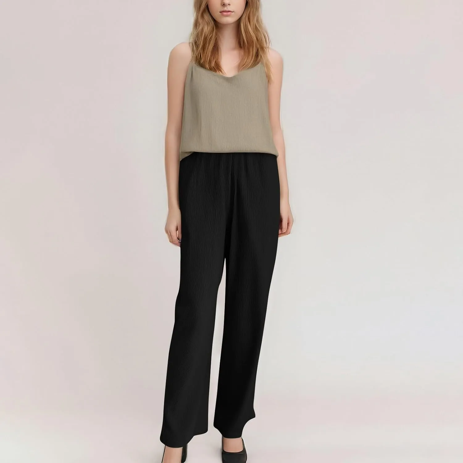 GOFULY Dress Pants Women Straight Wide Leg High Waisted Sumemr Pants Elastic Waist Drawstring Elegant Trousers with Pockets