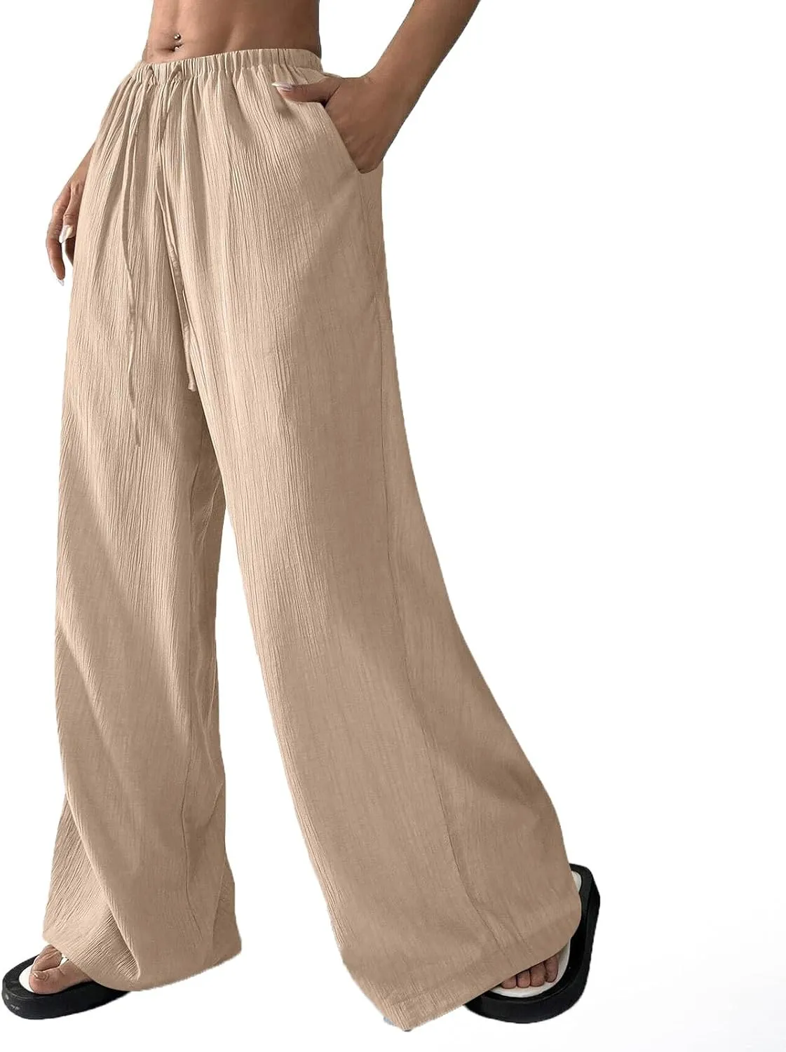 GOFULY Dress Pants Women Straight Wide Leg High Waisted Sumemr Pants Elastic Waist Drawstring Elegant Trousers with Pockets