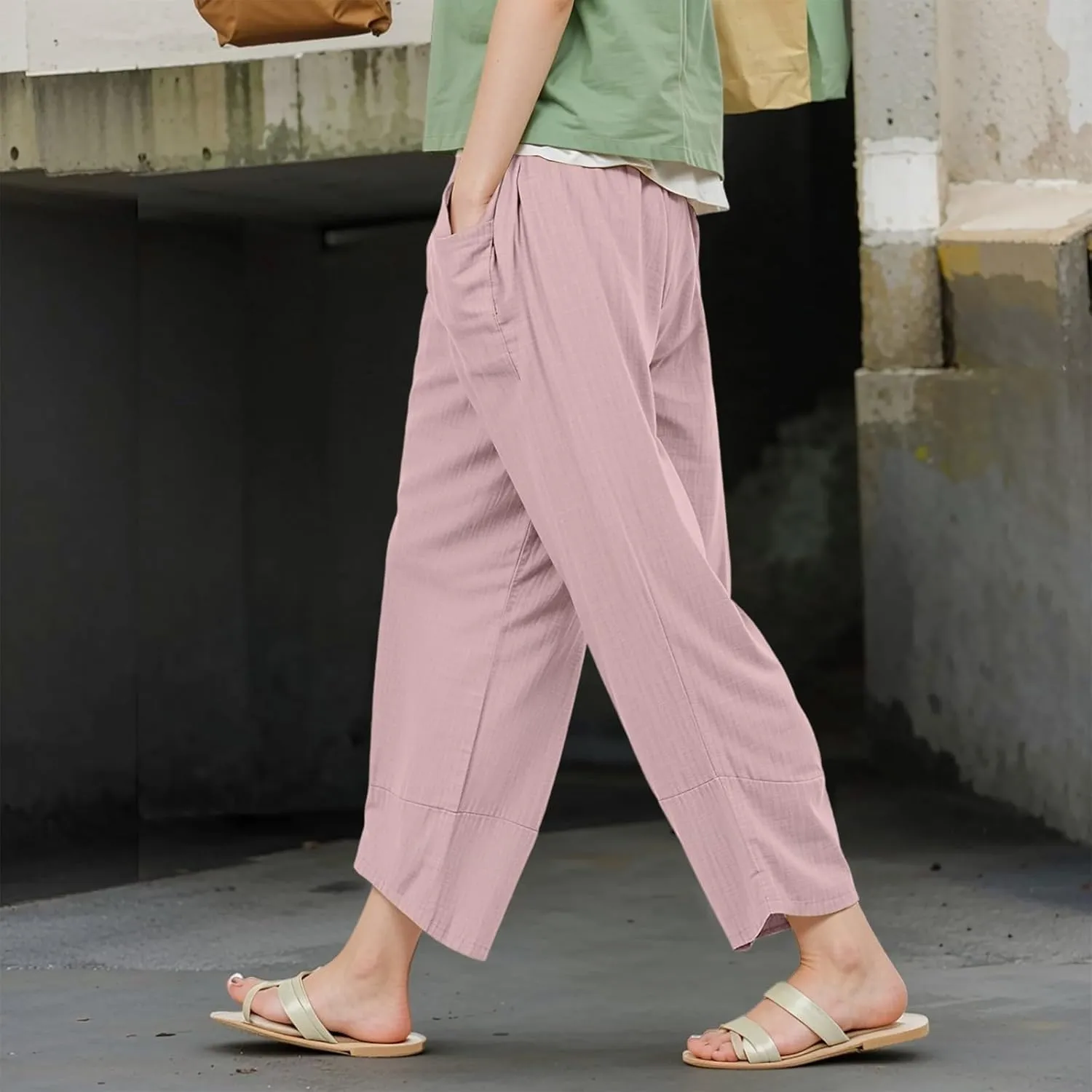 GOFULY Pants for Women 2025 Straight Wide Leg High Waisted Summer Pants 2025 Elastic Waist Vacation Trousers with Pockets