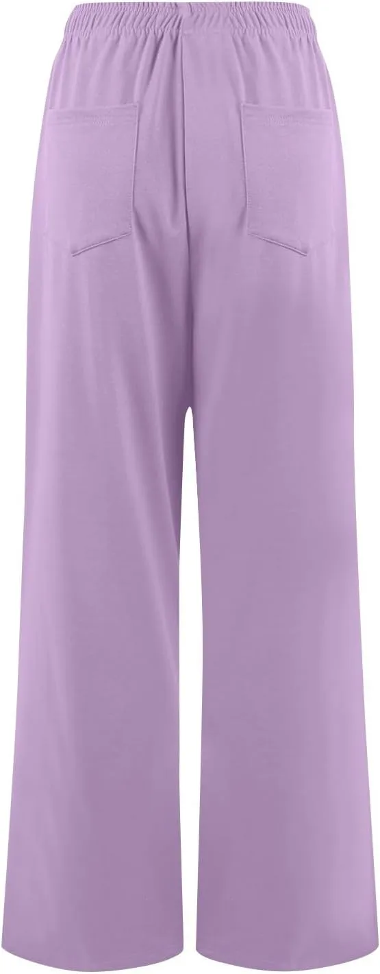 GOFULY Pants for Women Beach Elastic Waist Drawstring Sumemr Pants High Waisted Straight Wide Leg with Pockets Comfy Trousers