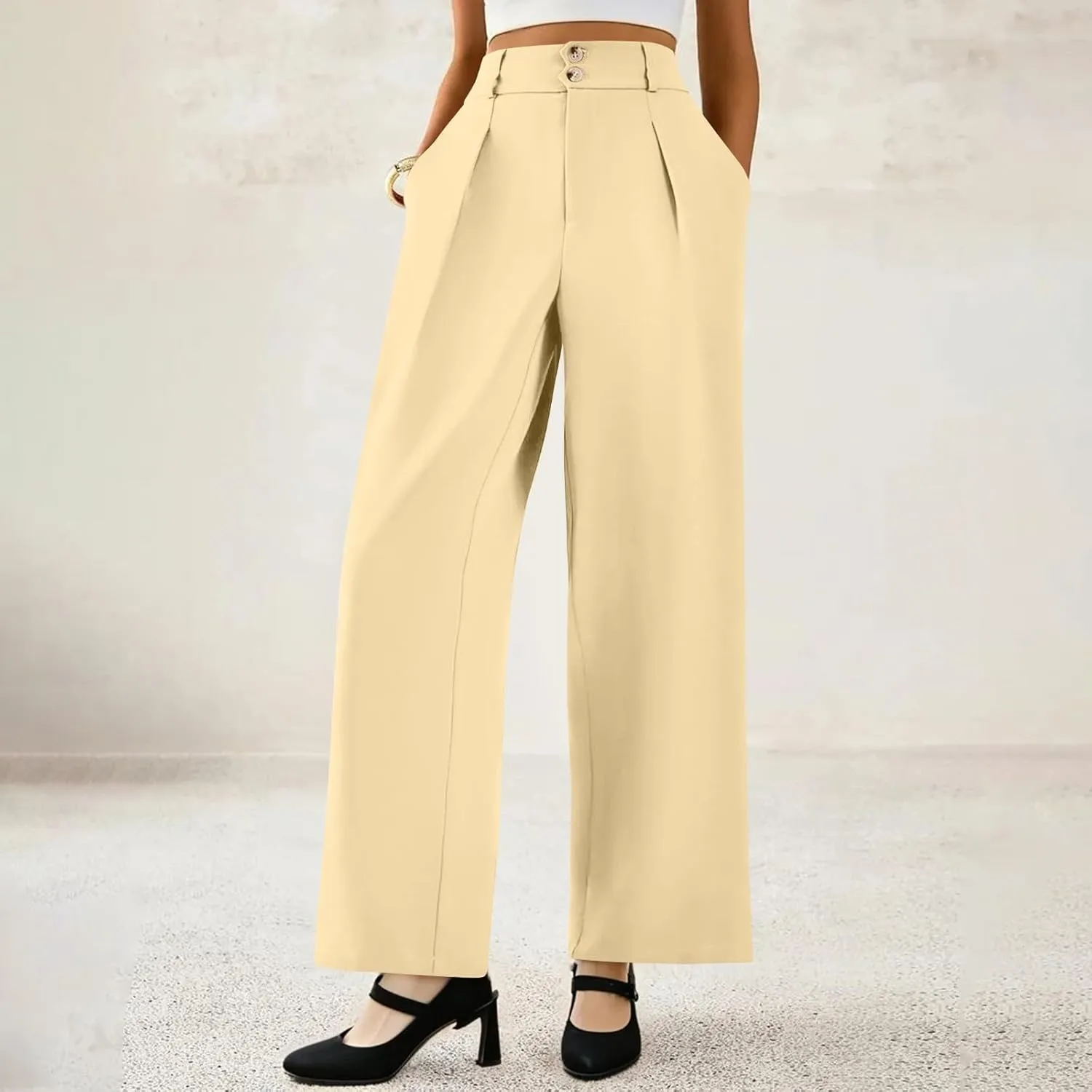 GOFULY Pants for Women Dressy Casual Straight Wide Leg High Waisted Sumemr Pants Zipper Button Pleated Trousers with Pockets