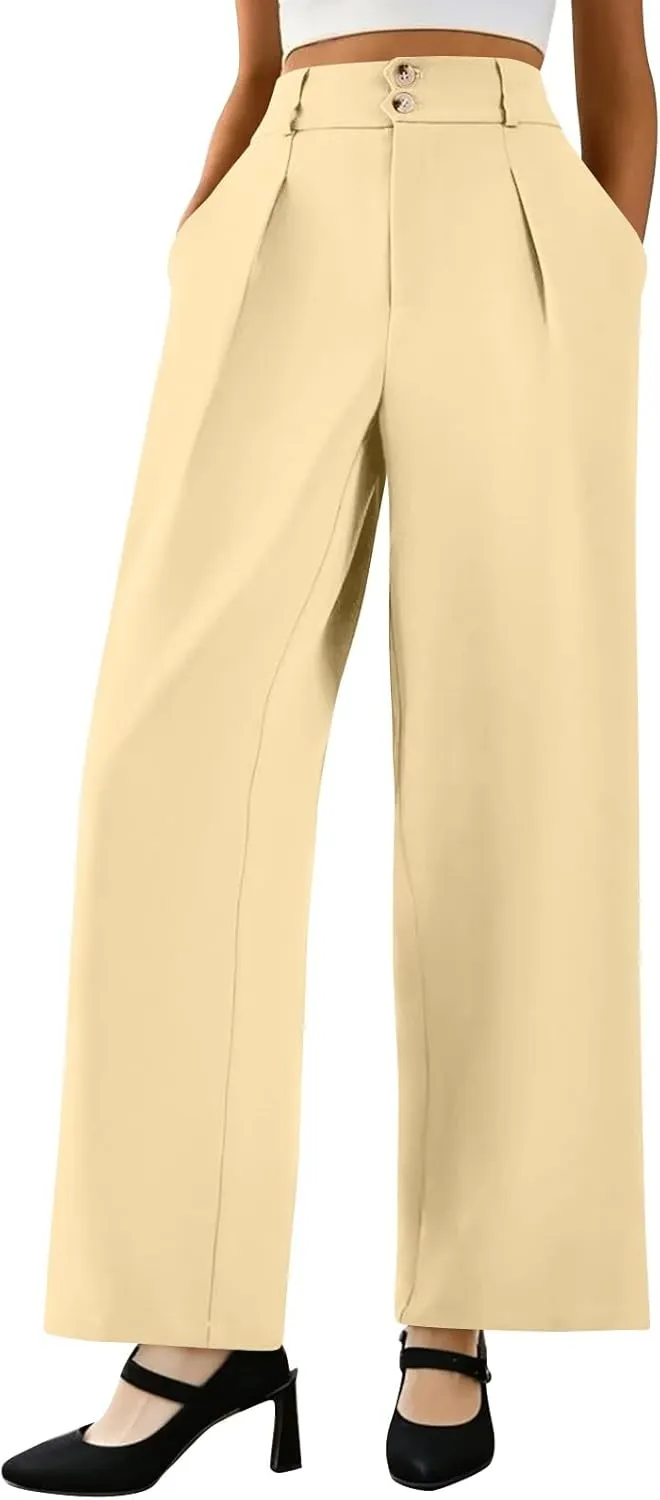 GOFULY Pants for Women Dressy Casual Straight Wide Leg High Waisted Sumemr Pants Zipper Button Pleated Trousers with Pockets