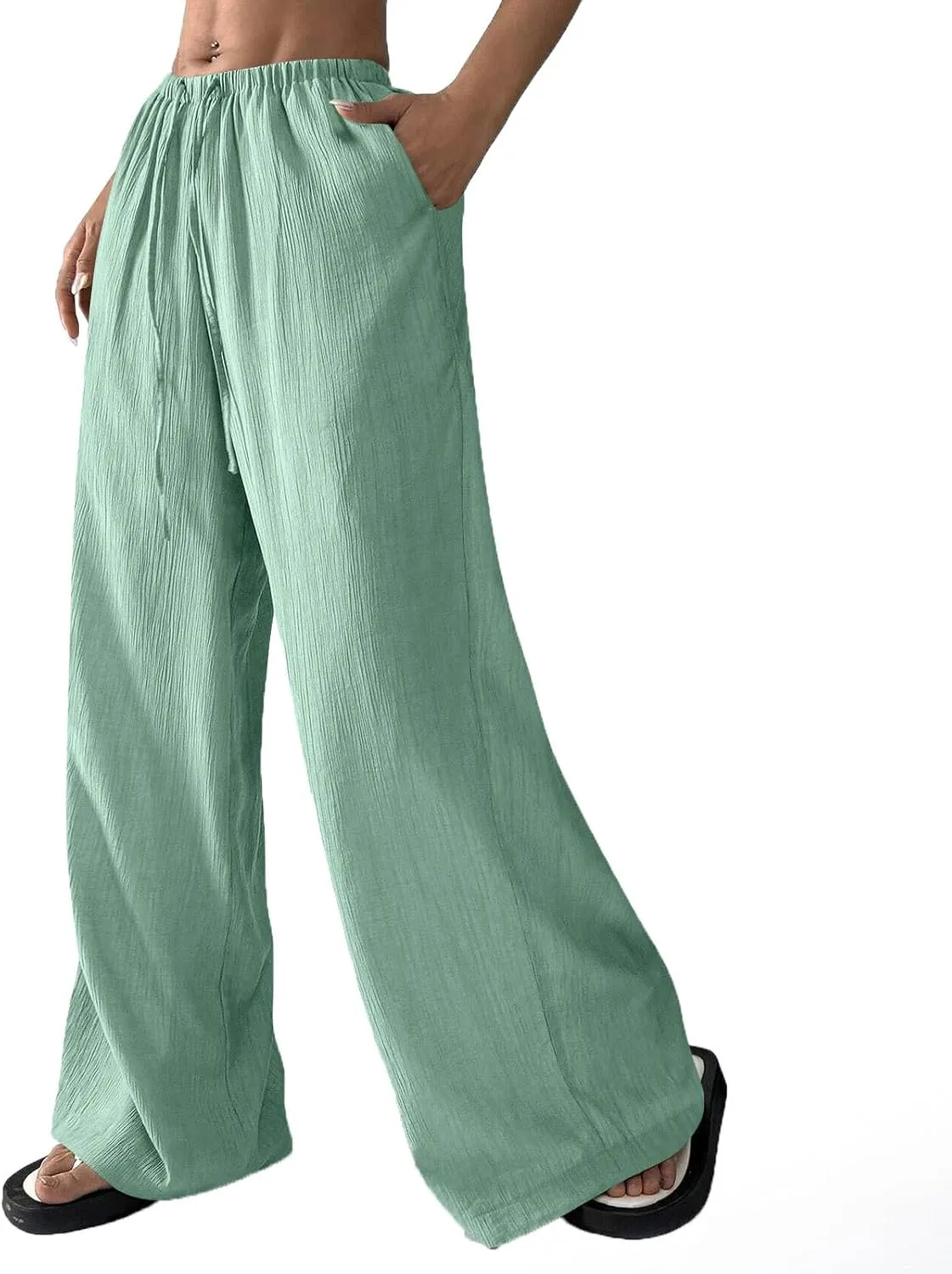 GOFULY Pants for Women Elastic Waist Drawstring Sumemr Pants Straight Wide Leg High Waisted with Pockets Going Out Trousers
