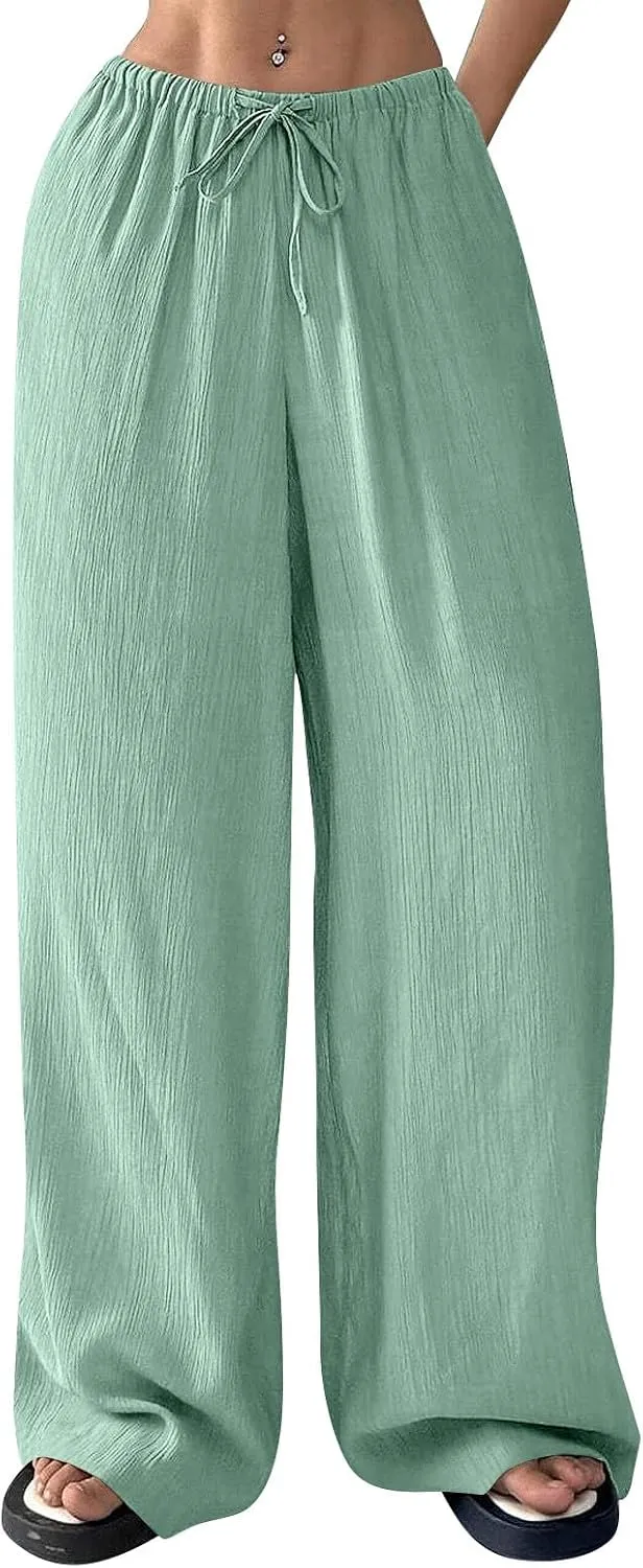 GOFULY Pants for Women Elastic Waist Drawstring Sumemr Pants Straight Wide Leg High Waisted with Pockets Going Out Trousers