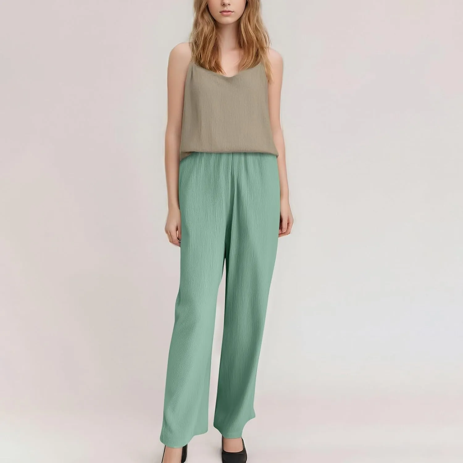 GOFULY Pants for Women Elastic Waist Drawstring Sumemr Pants Straight Wide Leg High Waisted with Pockets Going Out Trousers