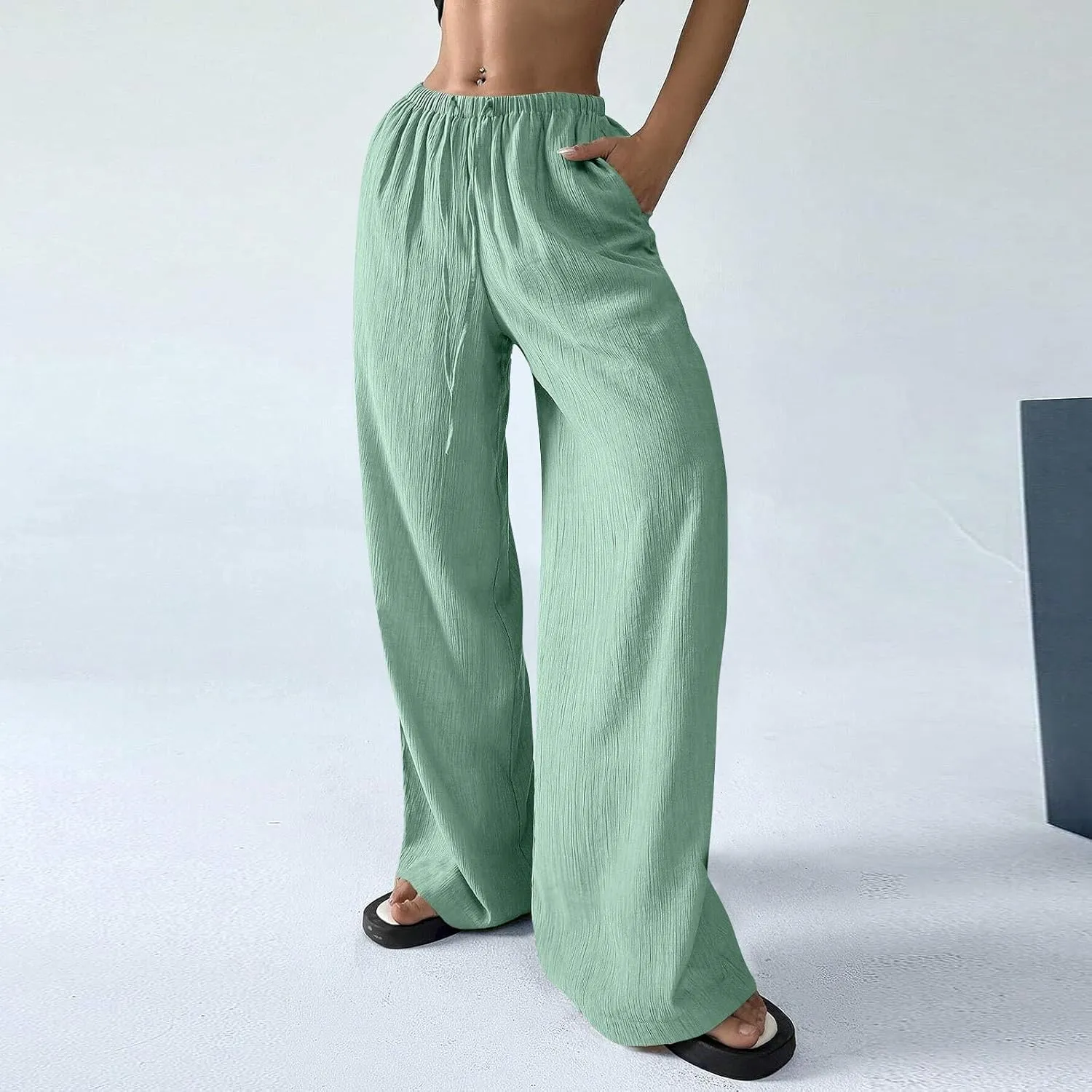 GOFULY Pants for Women Elastic Waist Drawstring Sumemr Pants Straight Wide Leg High Waisted with Pockets Going Out Trousers