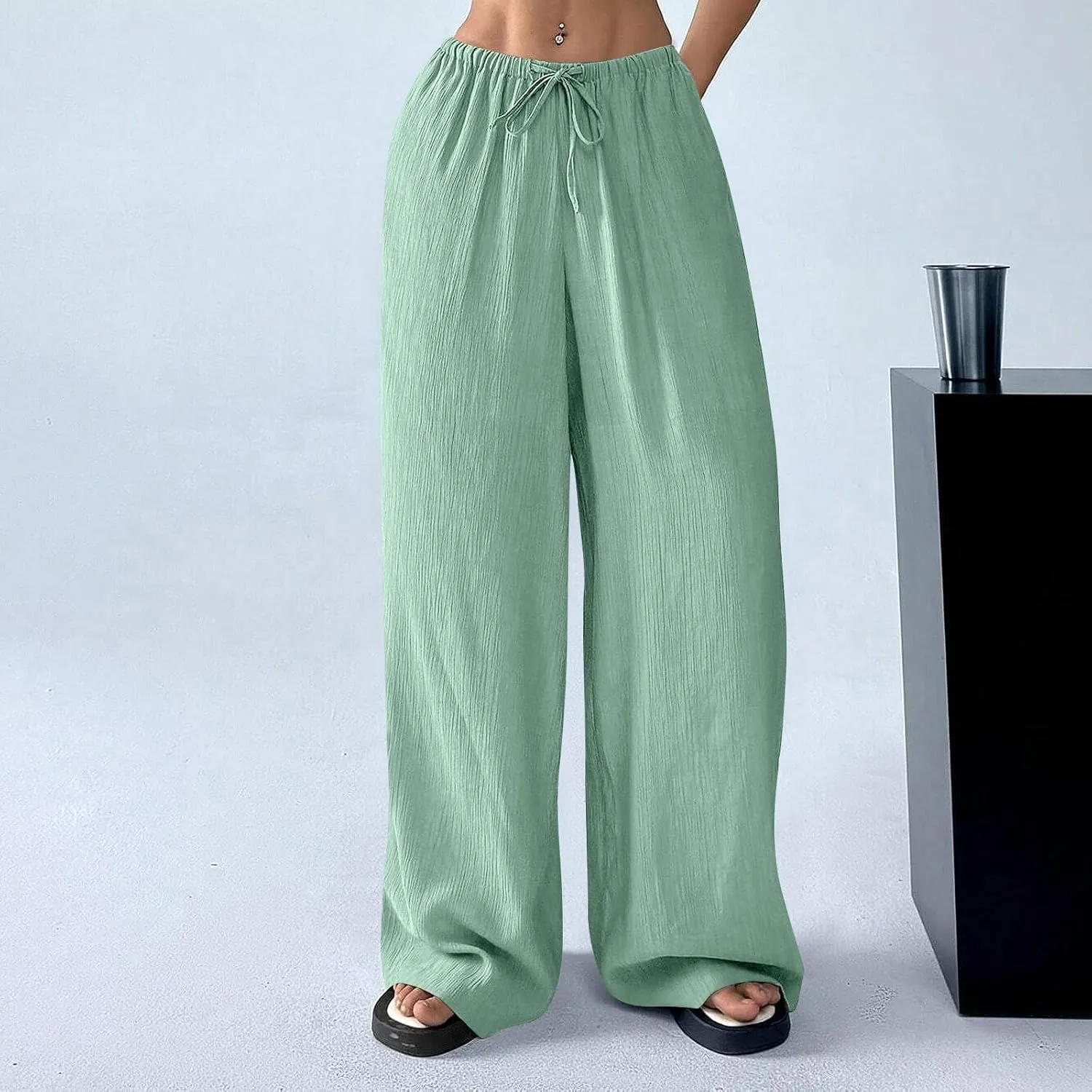 GOFULY Pants for Women Elastic Waist Drawstring Sumemr Pants Straight Wide Leg High Waisted with Pockets Going Out Trousers