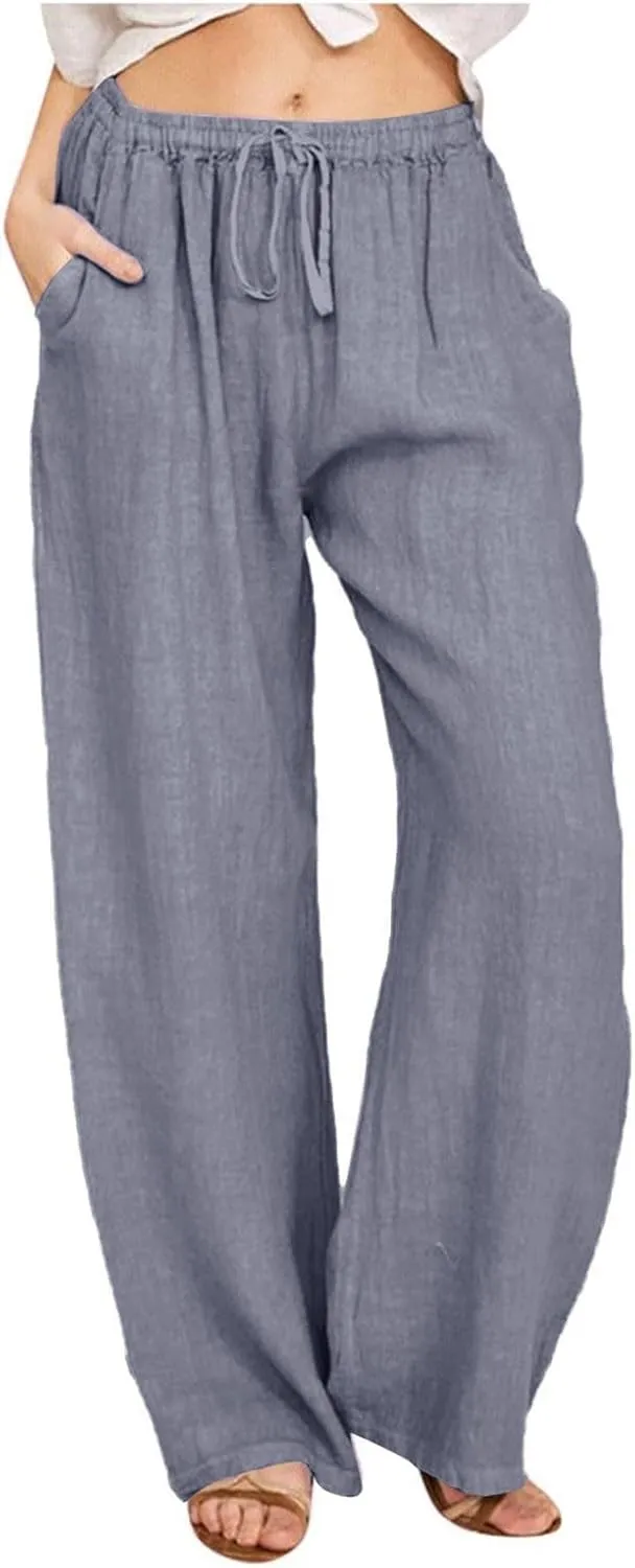 GOFULY Pants for Women Straight Wide Leg High Waisted Pants Elastic Waist Drawstring Sumemr Comfy Slacks Clothe with Pockets