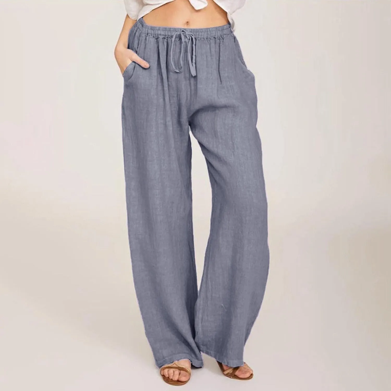 GOFULY Pants for Women Straight Wide Leg High Waisted Pants Elastic Waist Drawstring Sumemr Comfy Slacks Clothe with Pockets