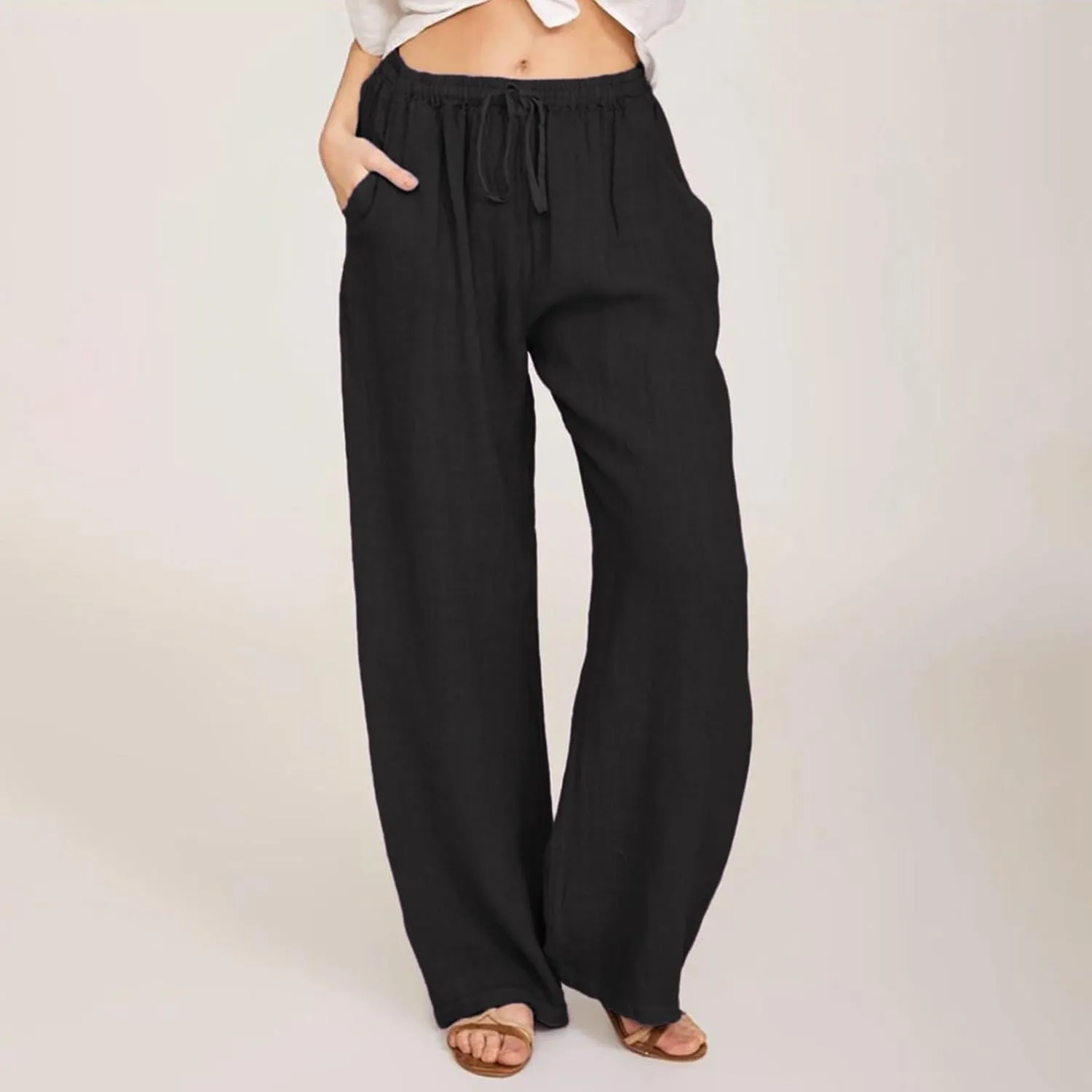 GOFULY Pants for Women Straight Wide Leg High Waisted Pants Elastic Waist Drawstring Sumemr Comfy Slacks Clothe with Pockets