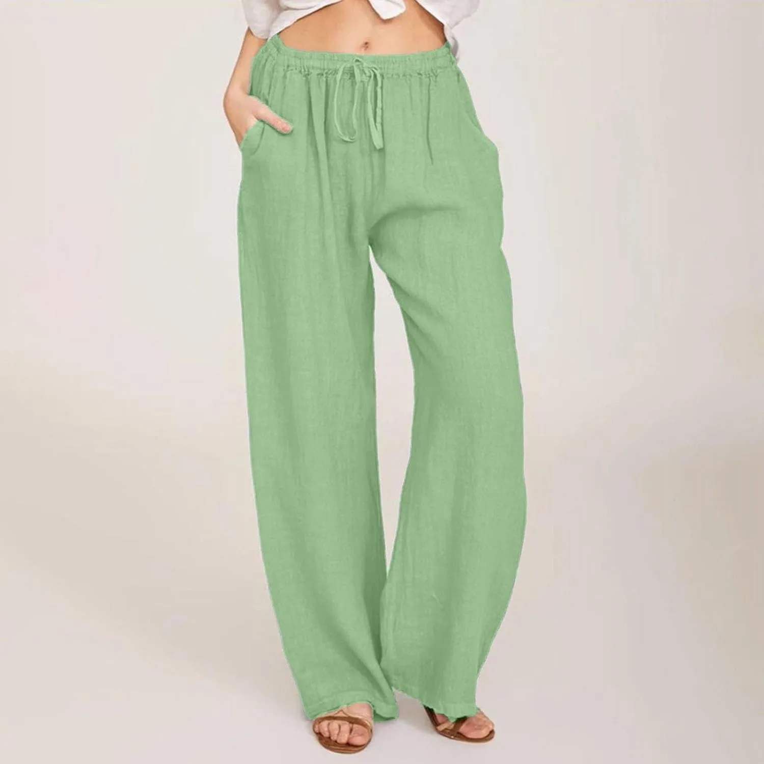 GOFULY Pants for Women Straight Wide Leg High Waisted Pants Elastic Waist Drawstring Sumemr Comfy Slacks Clothe with Pockets
