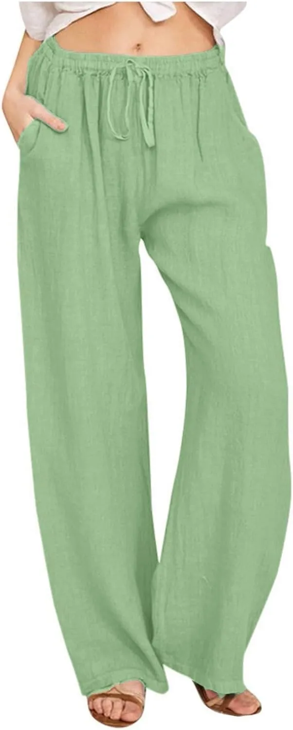 GOFULY Pants for Women Straight Wide Leg High Waisted Pants Elastic Waist Drawstring Sumemr Comfy Slacks Clothe with Pockets