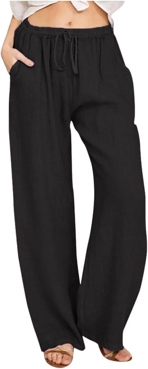 GOFULY Pants for Women Straight Wide Leg High Waisted Pants Elastic Waist Drawstring Sumemr Comfy Slacks Clothe with Pockets