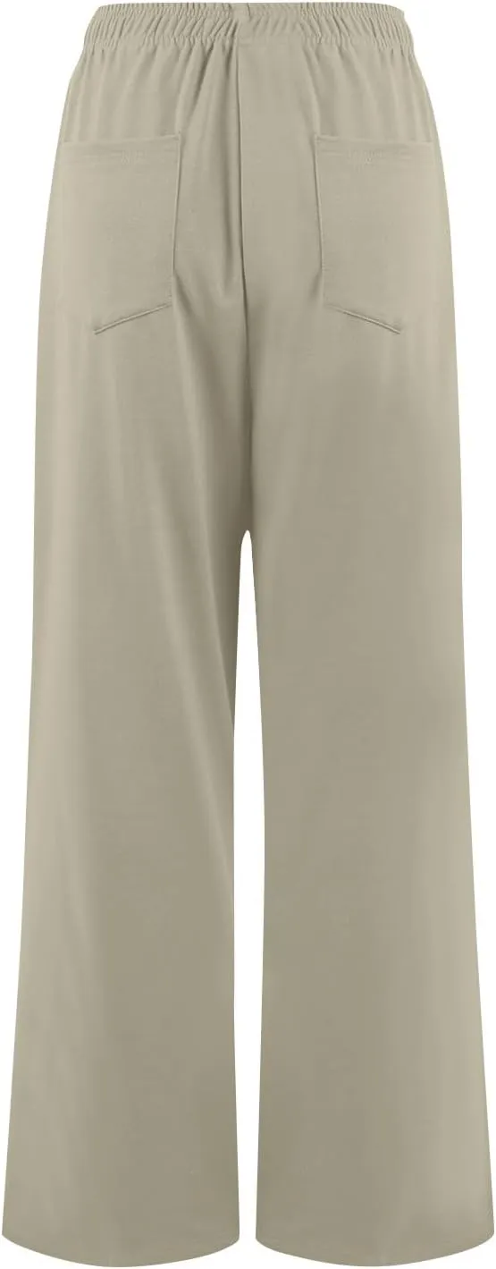 GOFULY Pants for Women Straight Wide Leg High Waisted Sumemr Pants Elastic Waist Drawstring Work Slacks Clothes with Pockets