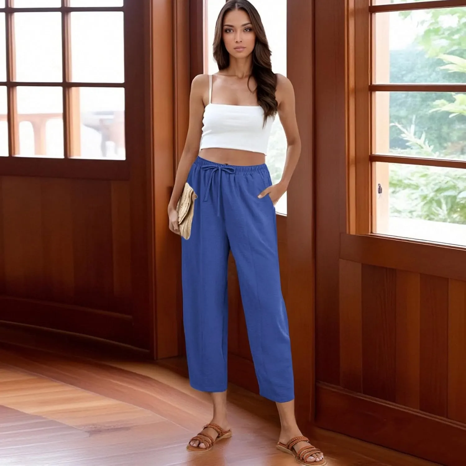 GOFULY Women's Pants Casual Elastic Waist Drawstring Sumemr Pants Trendy Wide Leg High Waisted with Pockets Baggy Trousers