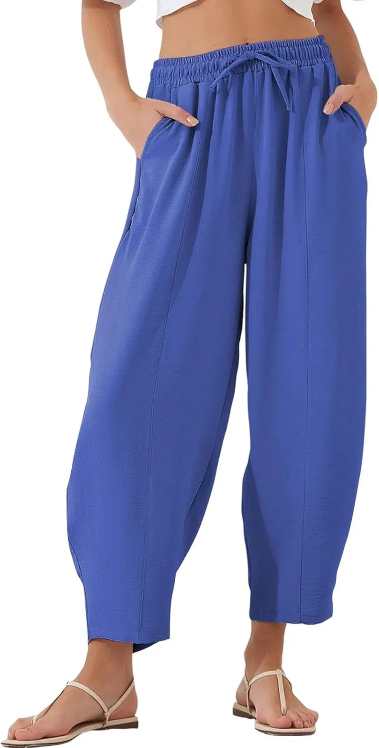 GOFULY Women's Pants Casual Elastic Waist Drawstring Sumemr Pants Trendy Wide Leg High Waisted with Pockets Baggy Trousers