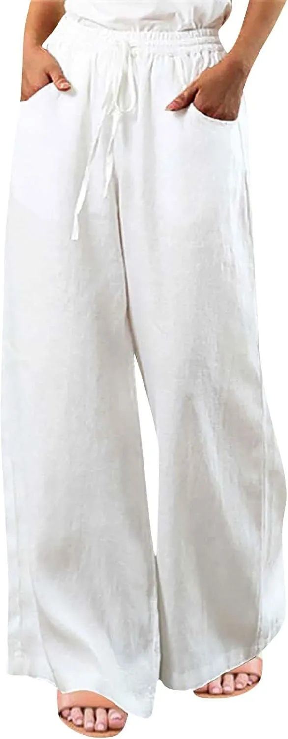 GOFULY Womens Pants Fashion Straight Wide Leg High Waisted Sumemr Pants Elastic Waist Drawstring Comfy Trousers with Pockets