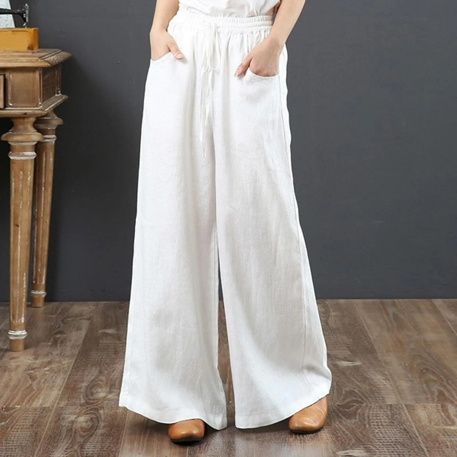 GOFULY Womens Pants Fashion Straight Wide Leg High Waisted Sumemr Pants Elastic Waist Drawstring Comfy Trousers with Pockets