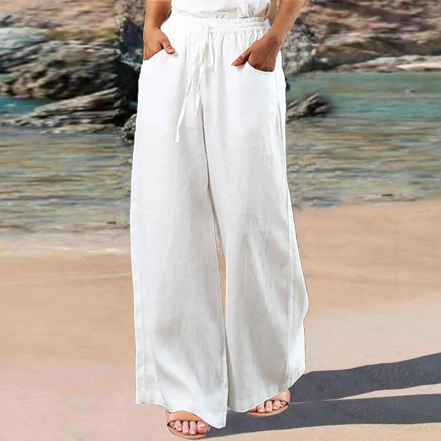 GOFULY Womens Pants Fashion Straight Wide Leg High Waisted Sumemr Pants Elastic Waist Drawstring Comfy Trousers with Pockets