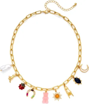 Gold Charms Necklaces for Women Trendy Multi-pendants Colorful Heart Necklace Statement Chunky Gold Chain Necklace